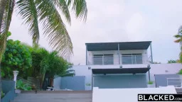 Moderne weiße Villa mit Palmen am Meer