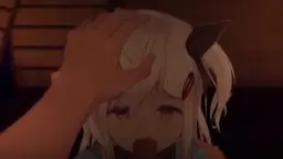 Hand streichelt zärtlich über den Kopf der verängstigten weißen Catgirl mit roten Augen und Tränen im Gesicht.
